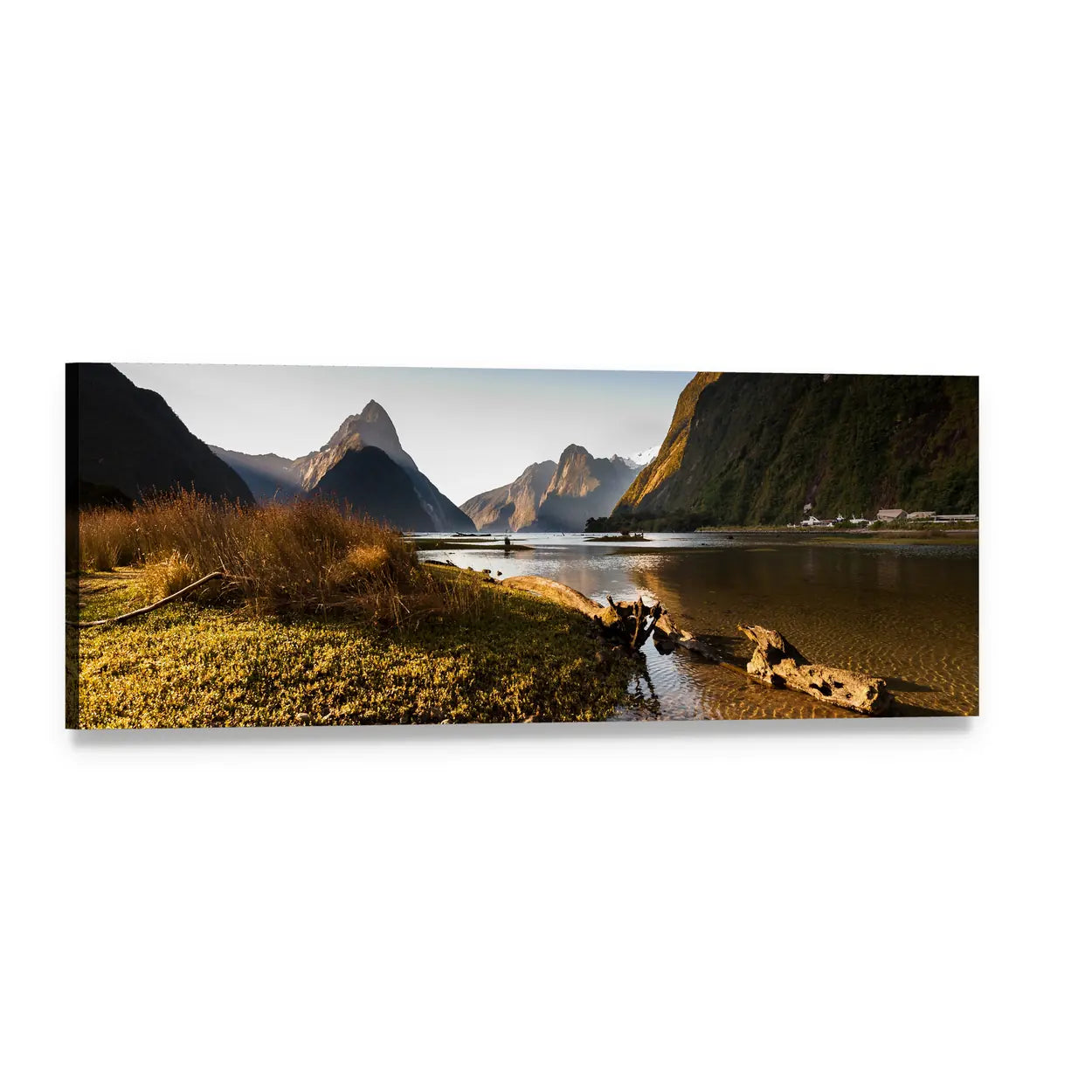 Milford Sound Fjord at Golden Hour Panoramic Canvas Wall Art, single panel gallery wrapped canvas, angled product view