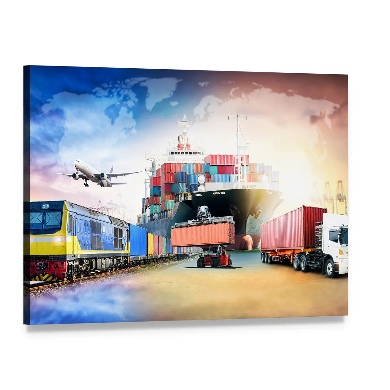 Global Logistics Transport Collage Canvas Wall Art, single panel gallery wrapped canvas, angled product view