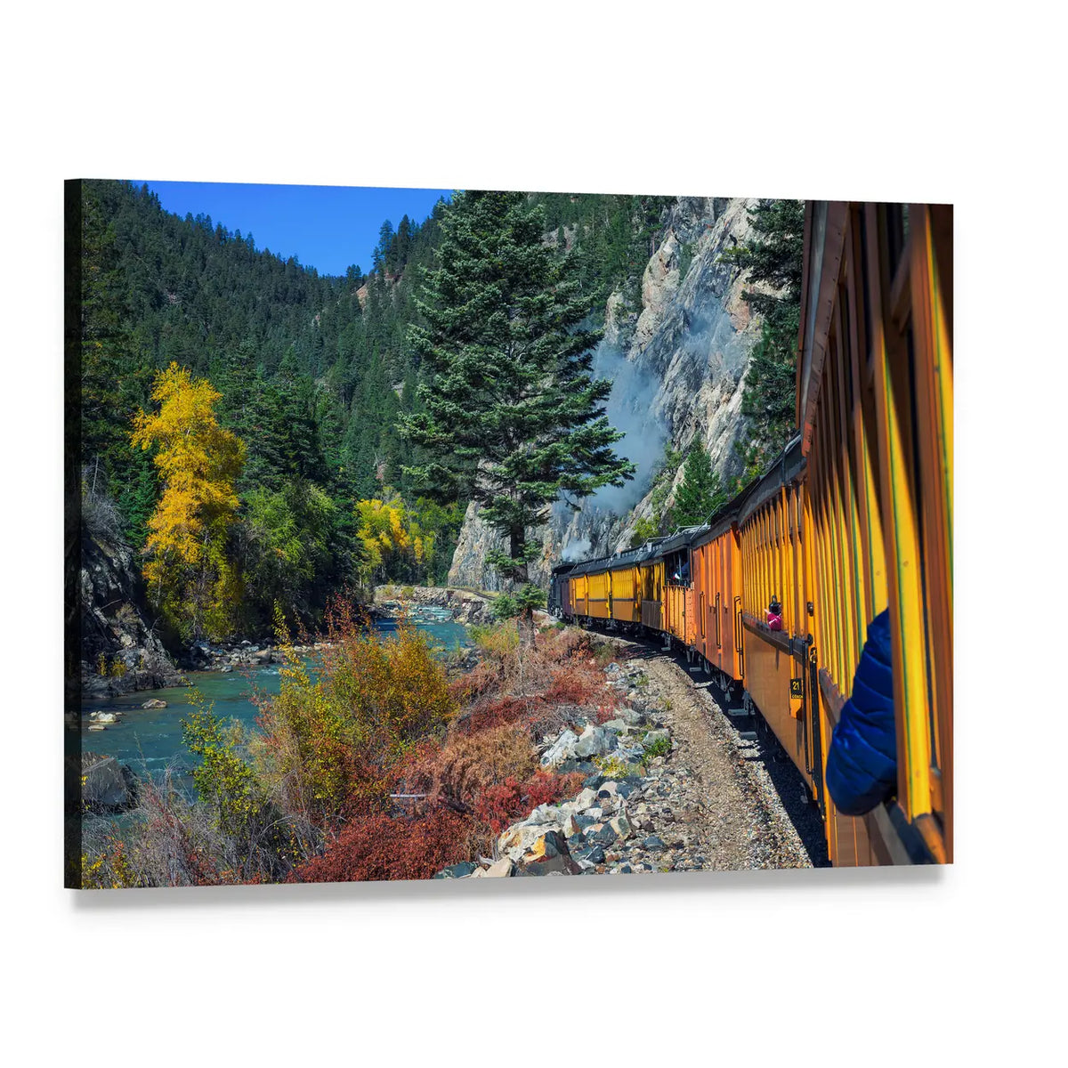 Yellow Steam Train in Colorado Mountains Canvas Wall Art, single panel gallery wrapped canvas, angled product view
