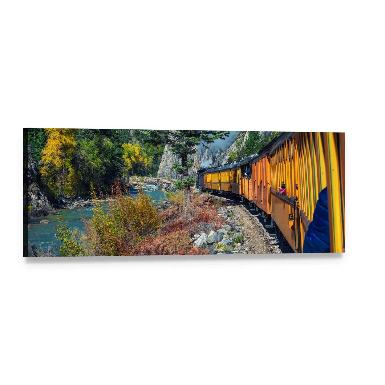 Vintage Yellow Train Through Mountain Canyon Panoramic Canvas Wall Art, single panel gallery wrapped canvas, angled product view