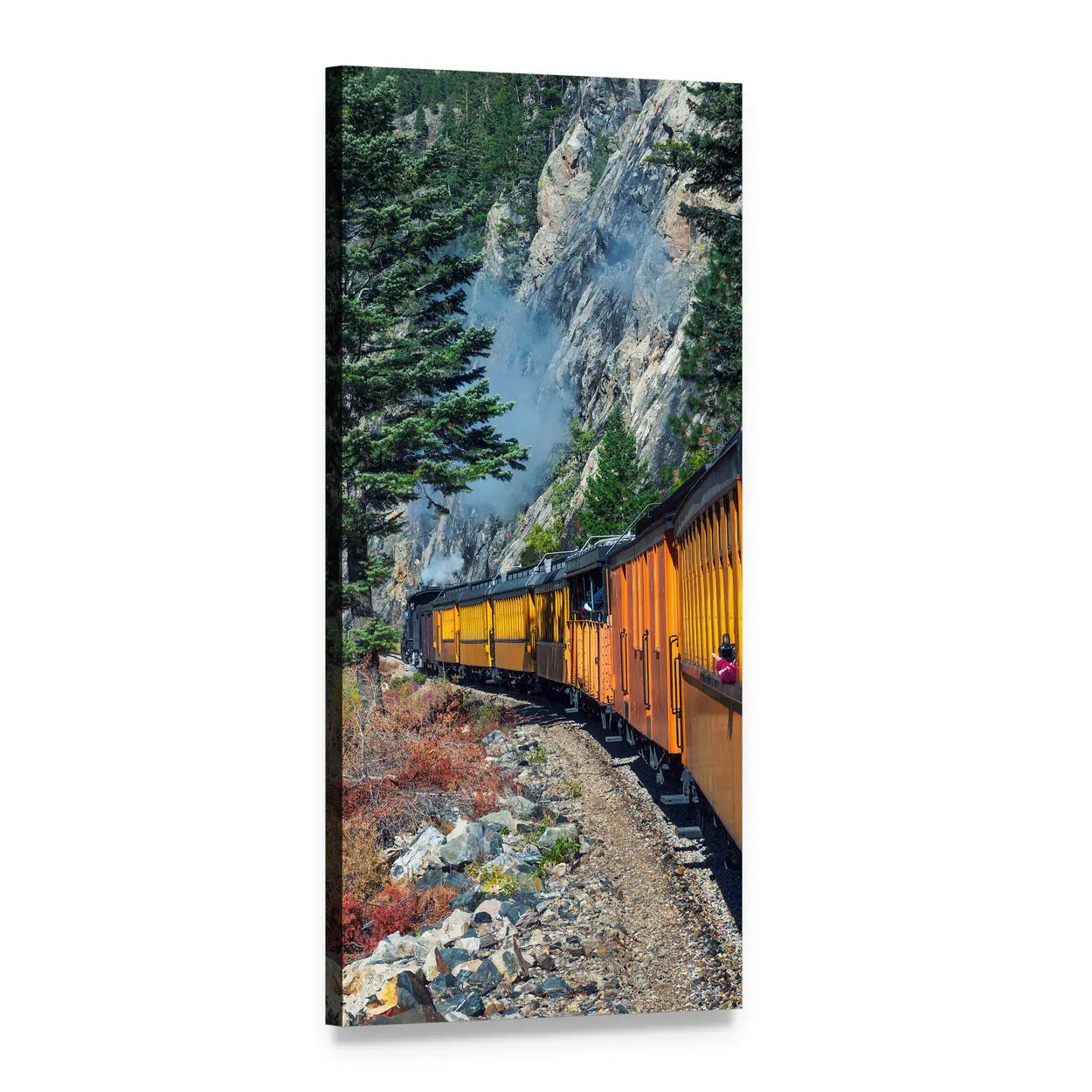Vintage Steam Train Through Mountain Forest Vertical Canvas Wall Art, 1 panel 1 Vertical layout gallery wrapped canvas set, angled product view