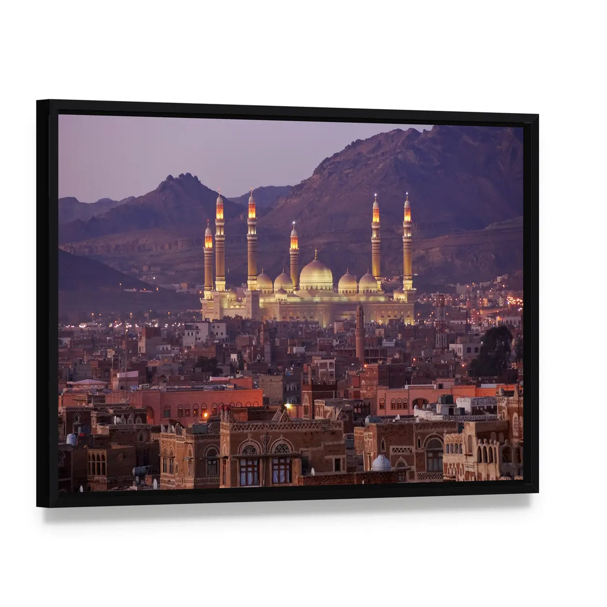 Al Saleh Mosque In Sanaa Yemen Canvas Wall Art, framed canvas in a black floater frame, angled product view