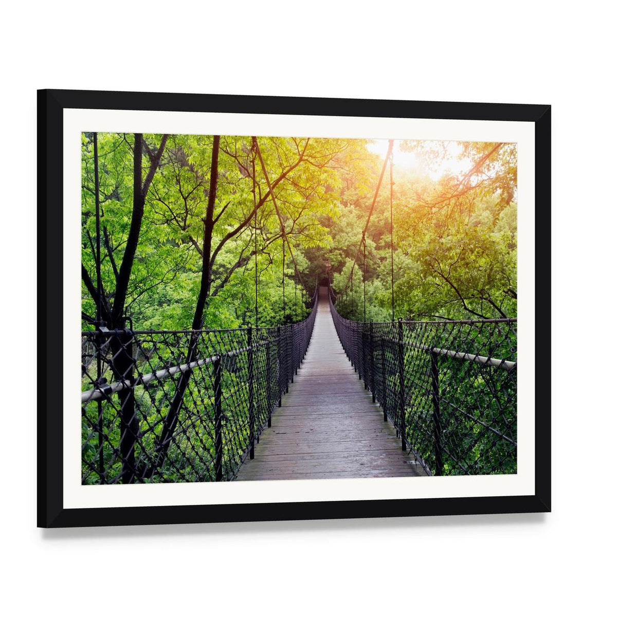Bridge to the Jungle Canvas Wall Art, framed print with white mat and black frame, angled product view
