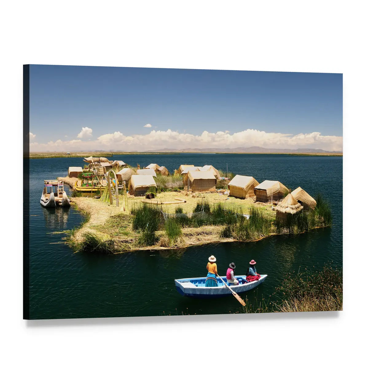 Floating Reed Islands with Thatched Huts Canvas Wall Art, single panel gallery wrapped canvas, angled product view
