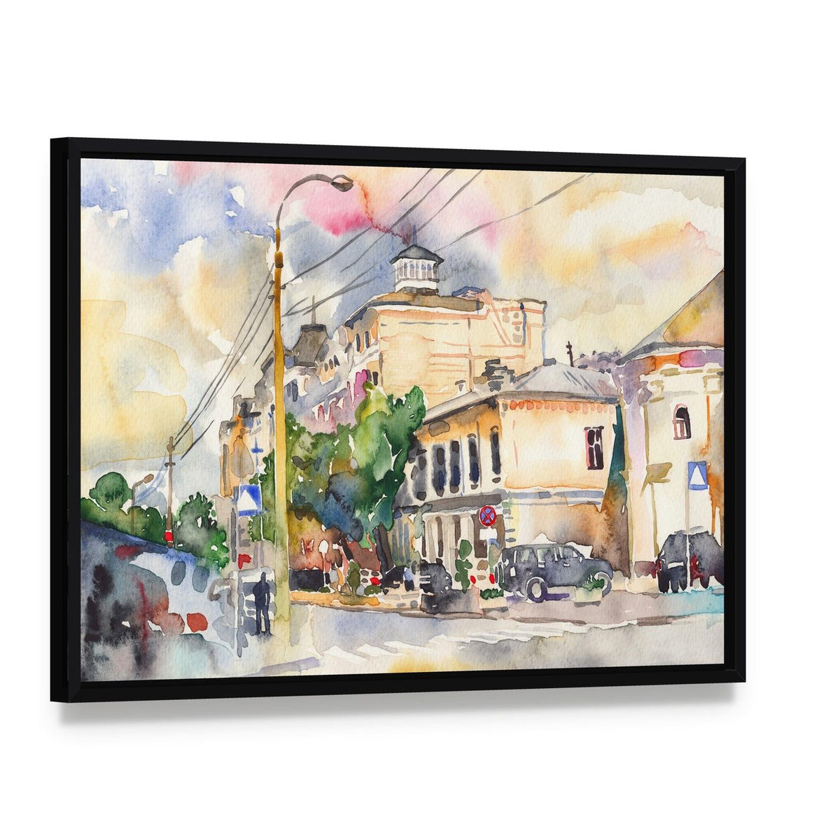 Watercolor City Street Illustration Canvas Wall Art, framed canvas in a black floater frame, angled product view