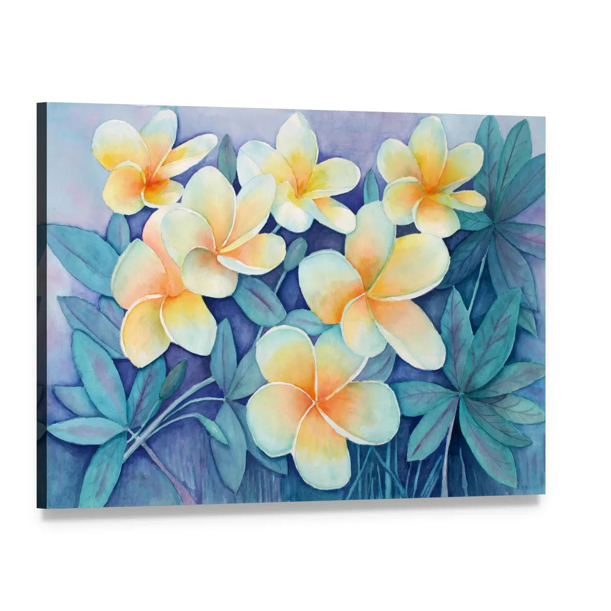 Tropical Frangipani Flowers Canvas Wall Art, single panel gallery wrapped canvas, angled product view