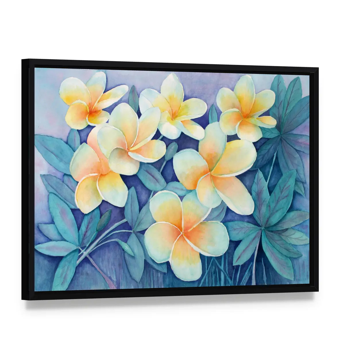 Tropical Frangipani Flowers Canvas Wall Art, framed canvas in a black floater frame, angled product view