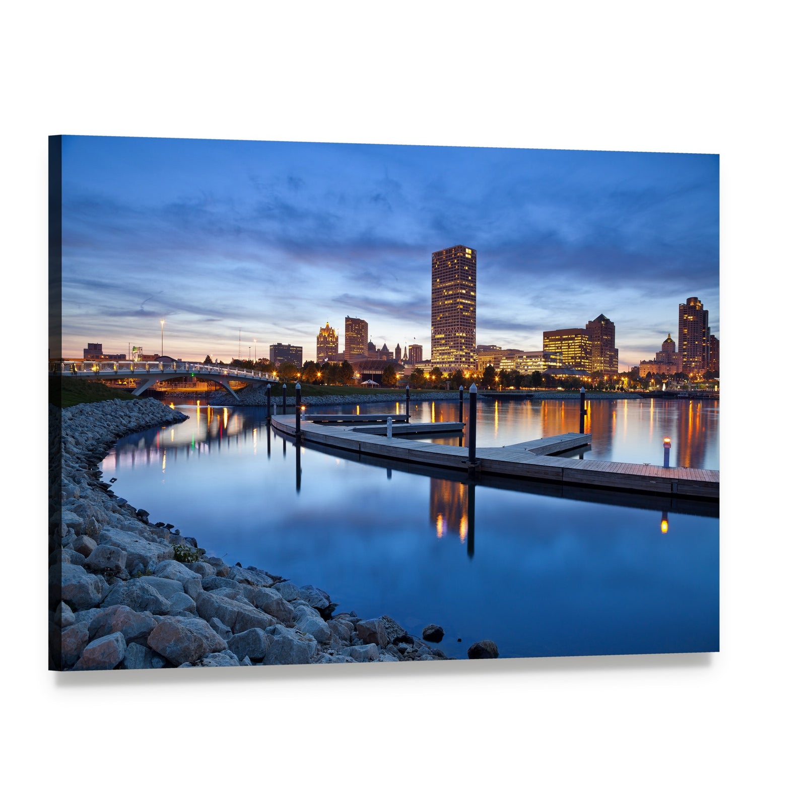 Milwaukee Skyline at Dusk Canvas Wall Art, single panel gallery wrapped canvas, angled product view
