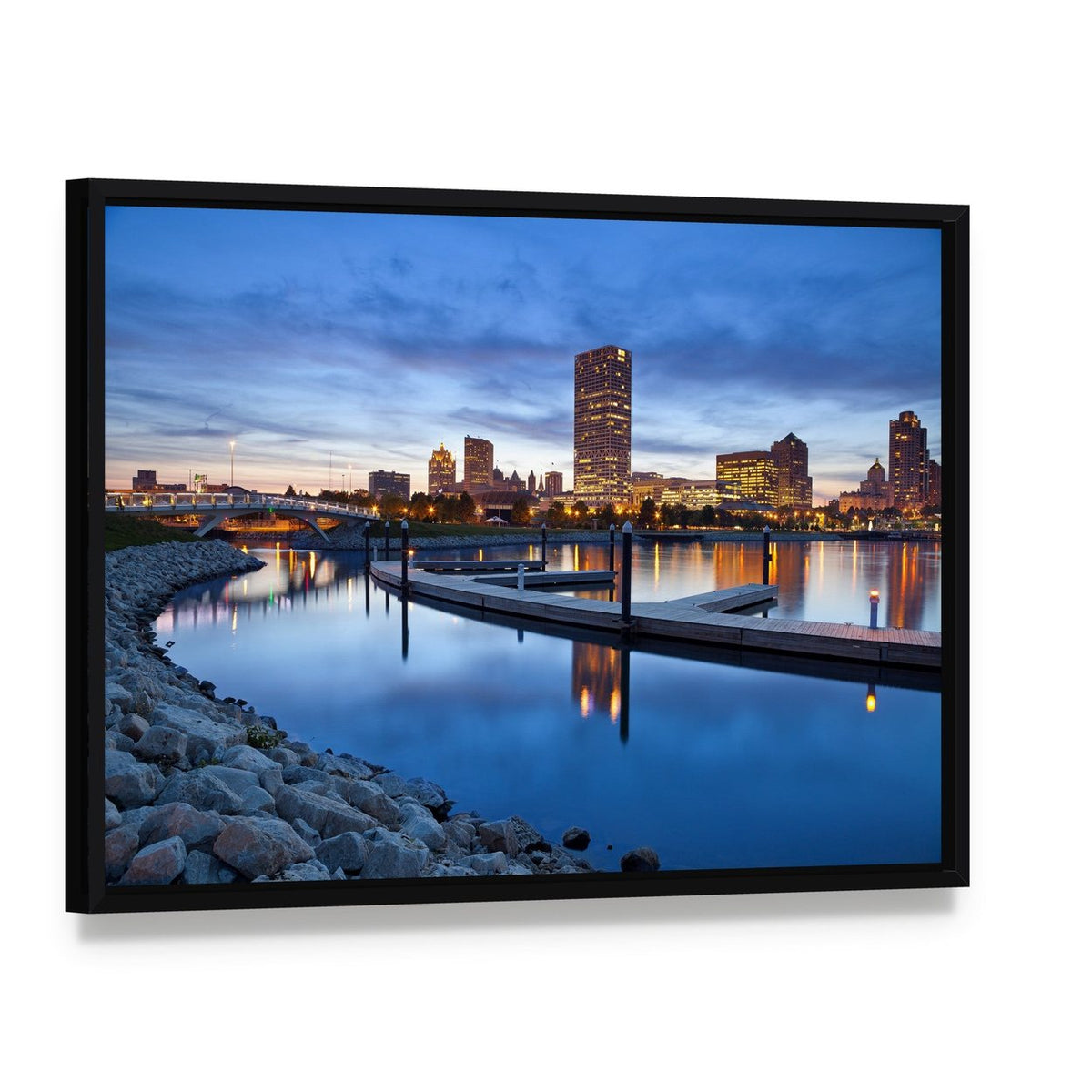 Milwaukee Skyline at Dusk Canvas Wall Art, framed canvas in a black floater frame, angled product view
