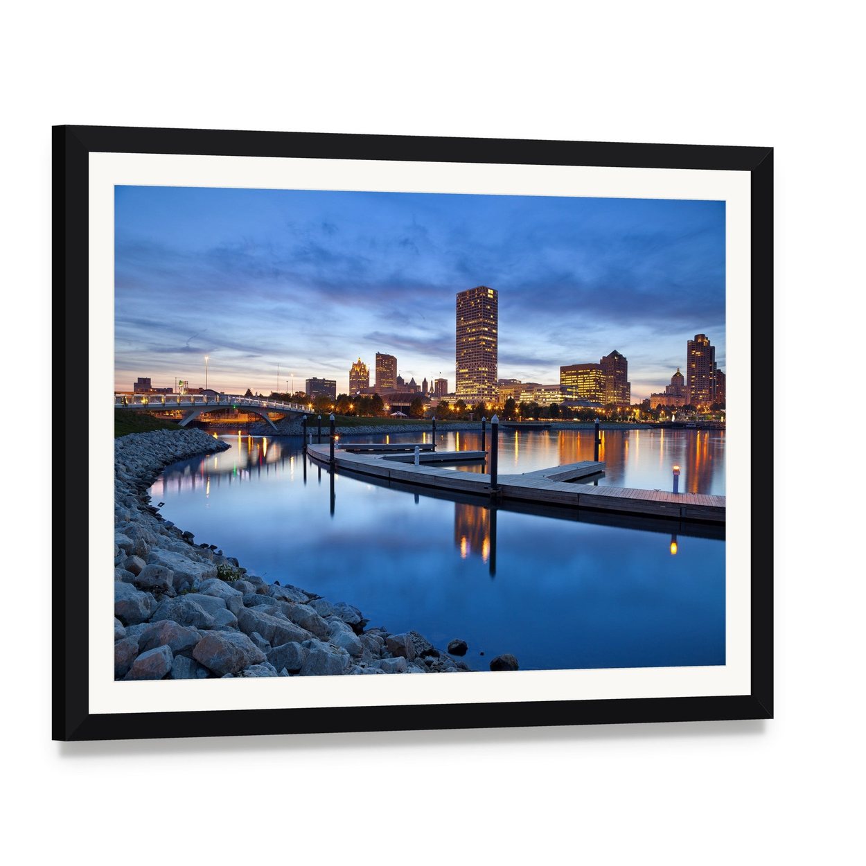 Milwaukee Skyline at Dusk Canvas Wall Art, framed print with white mat and black frame, angled product view
