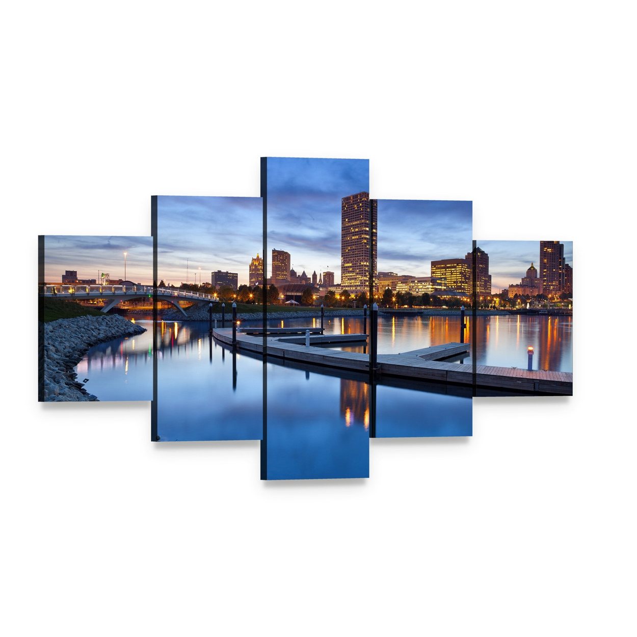Milwaukee Skyline at Dusk Canvas Wall Art, 5 panel 5 Star layout gallery wrapped canvas set, angled product view