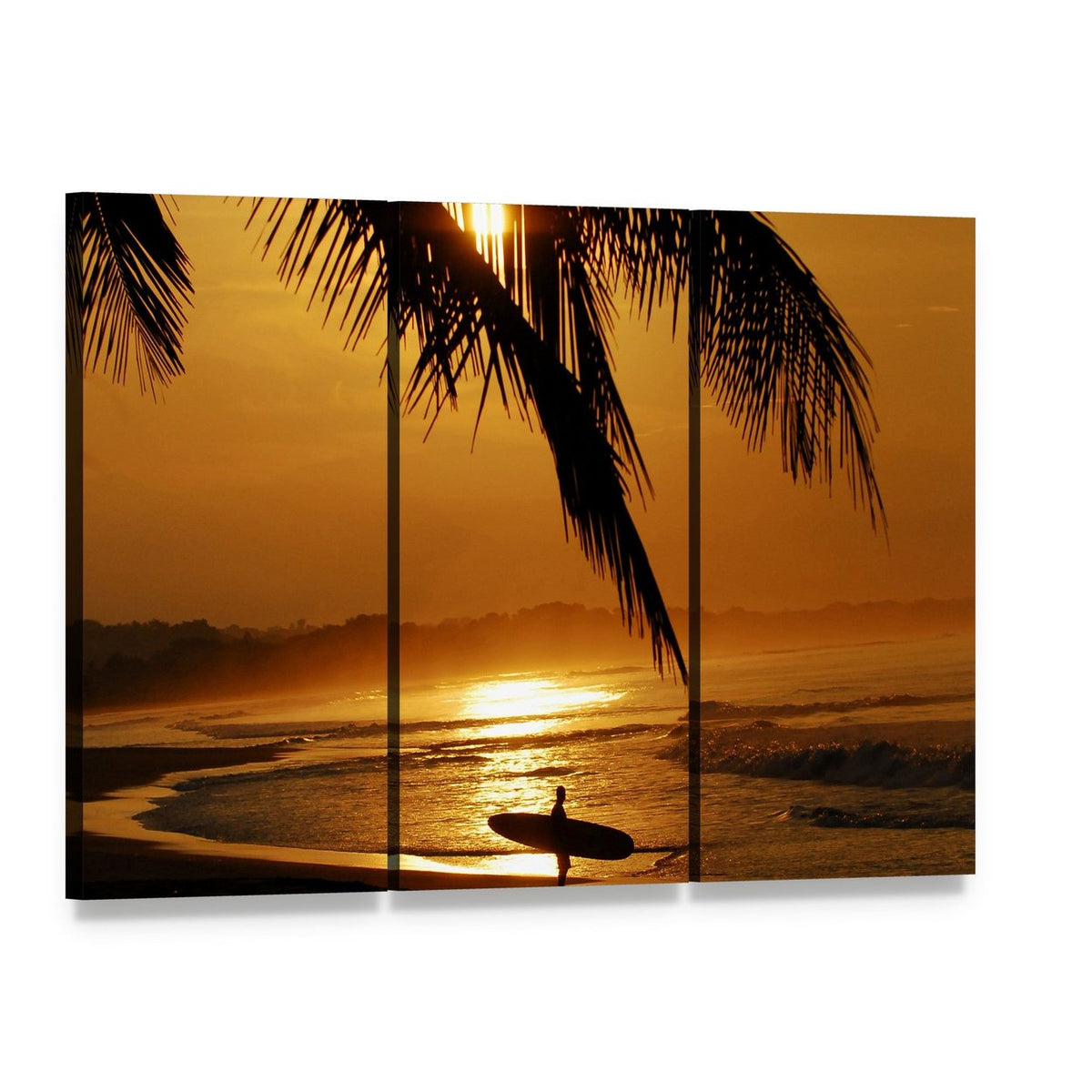 Surfer in Costa Rica Canvas Wall Art, 3 panel 3 Horizontal layout gallery wrapped canvas set, angled product view
