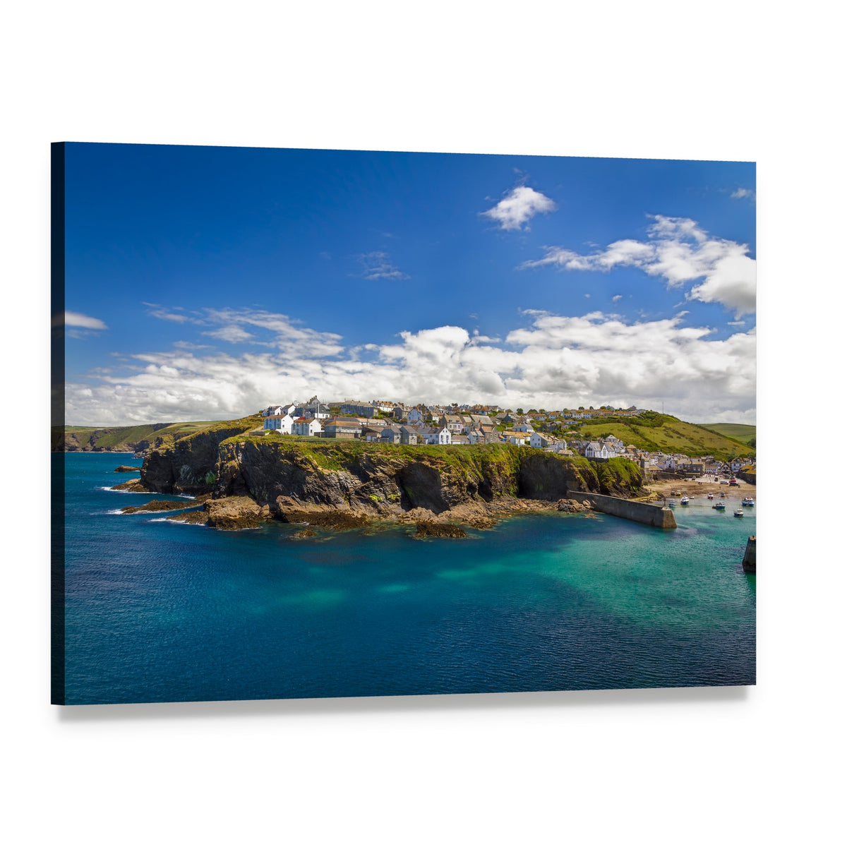 Peaceful Coastal Village by Clear Blue Water Canvas Wall Art, single panel gallery wrapped canvas, angled product view