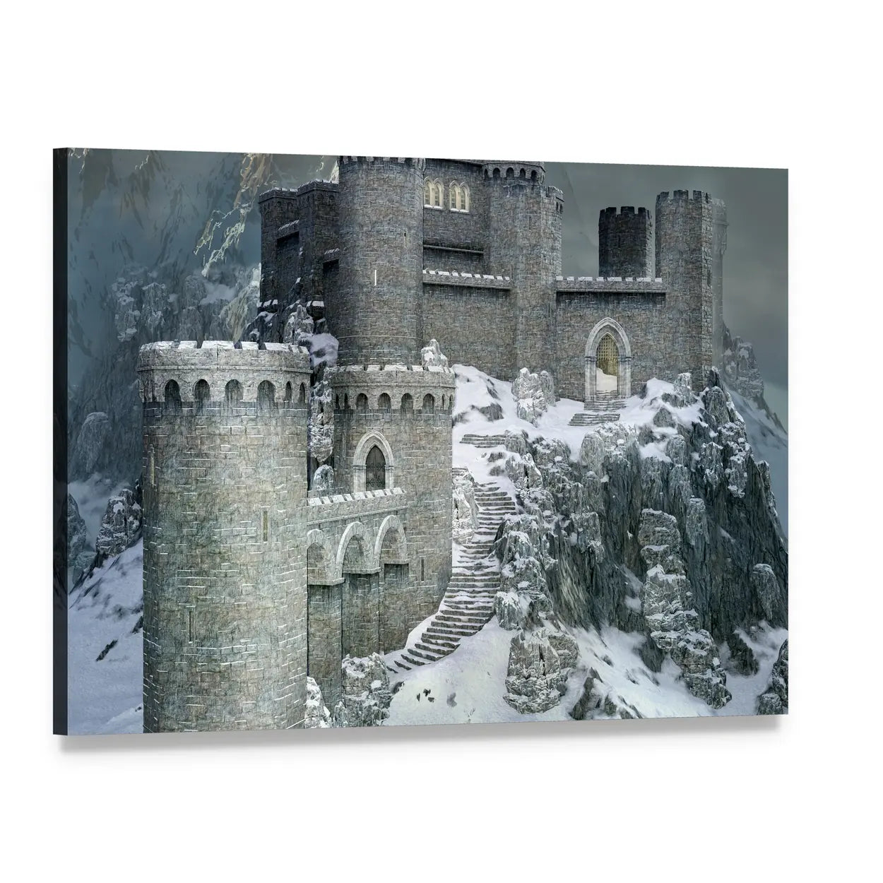 Medieval Castle in Winter Canvas Wall Art, single panel gallery wrapped canvas, angled product view