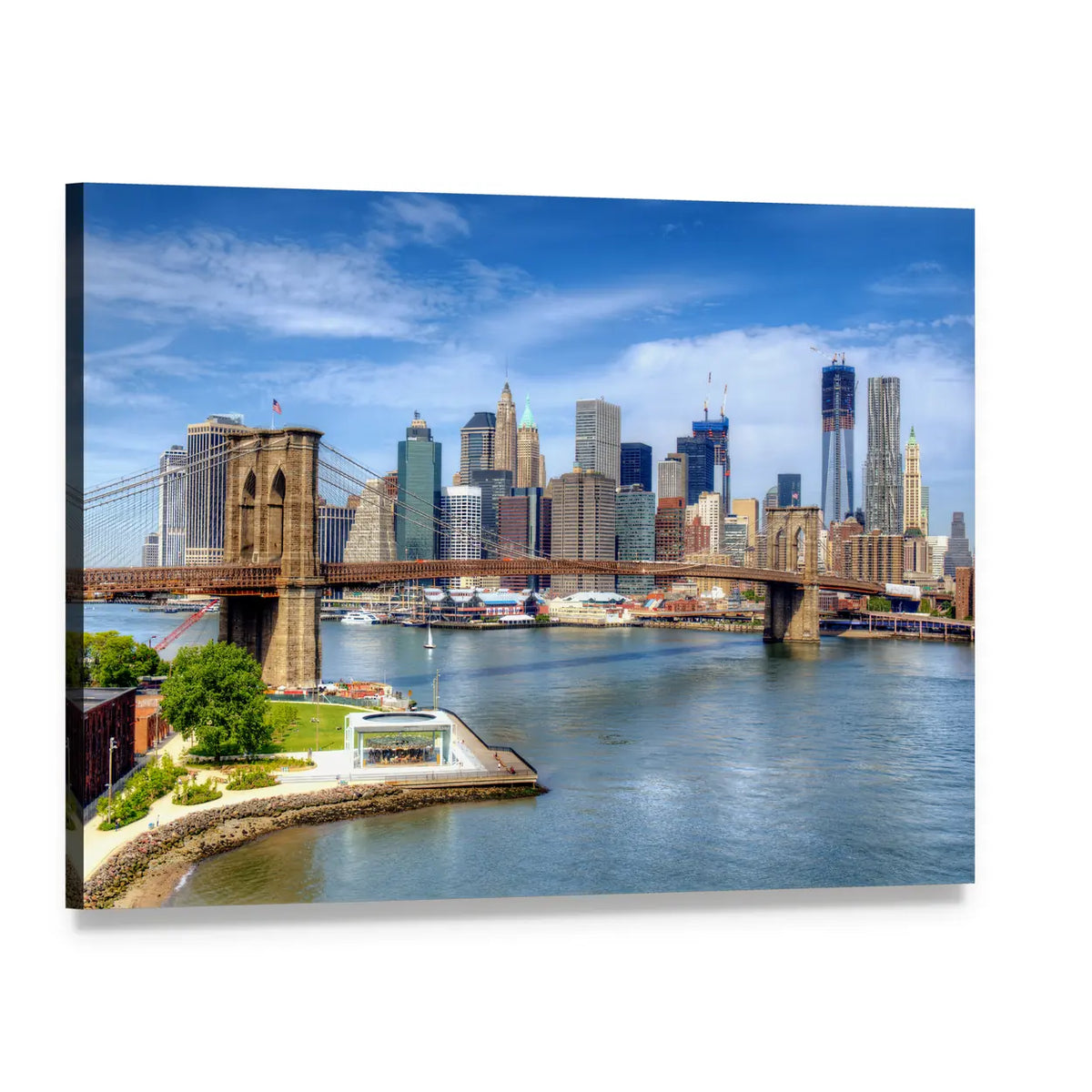 Brooklyn Bridge and Lower Manhattan Skyline Canvas Wall Art, single panel gallery wrapped canvas, angled product view