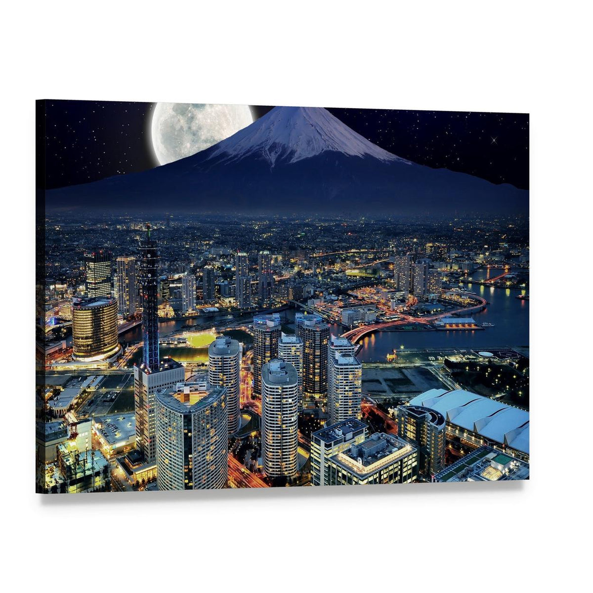 Moonlit Skyline of Yokohama Canvas Wall Art, single panel gallery wrapped canvas, angled product view