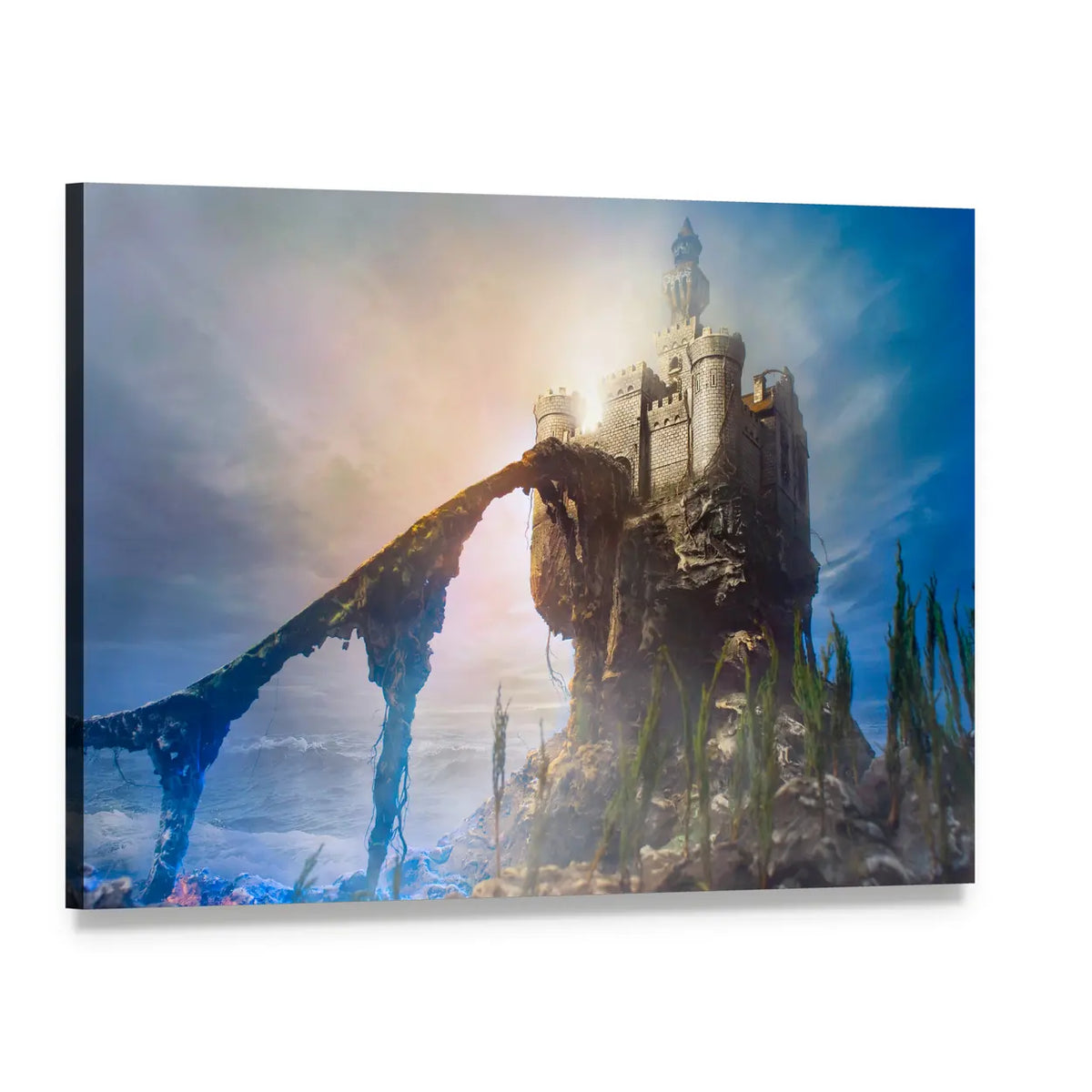 Crumbling Castle on Jagged Cliff Canvas Wall Art, single panel gallery wrapped canvas, angled product view