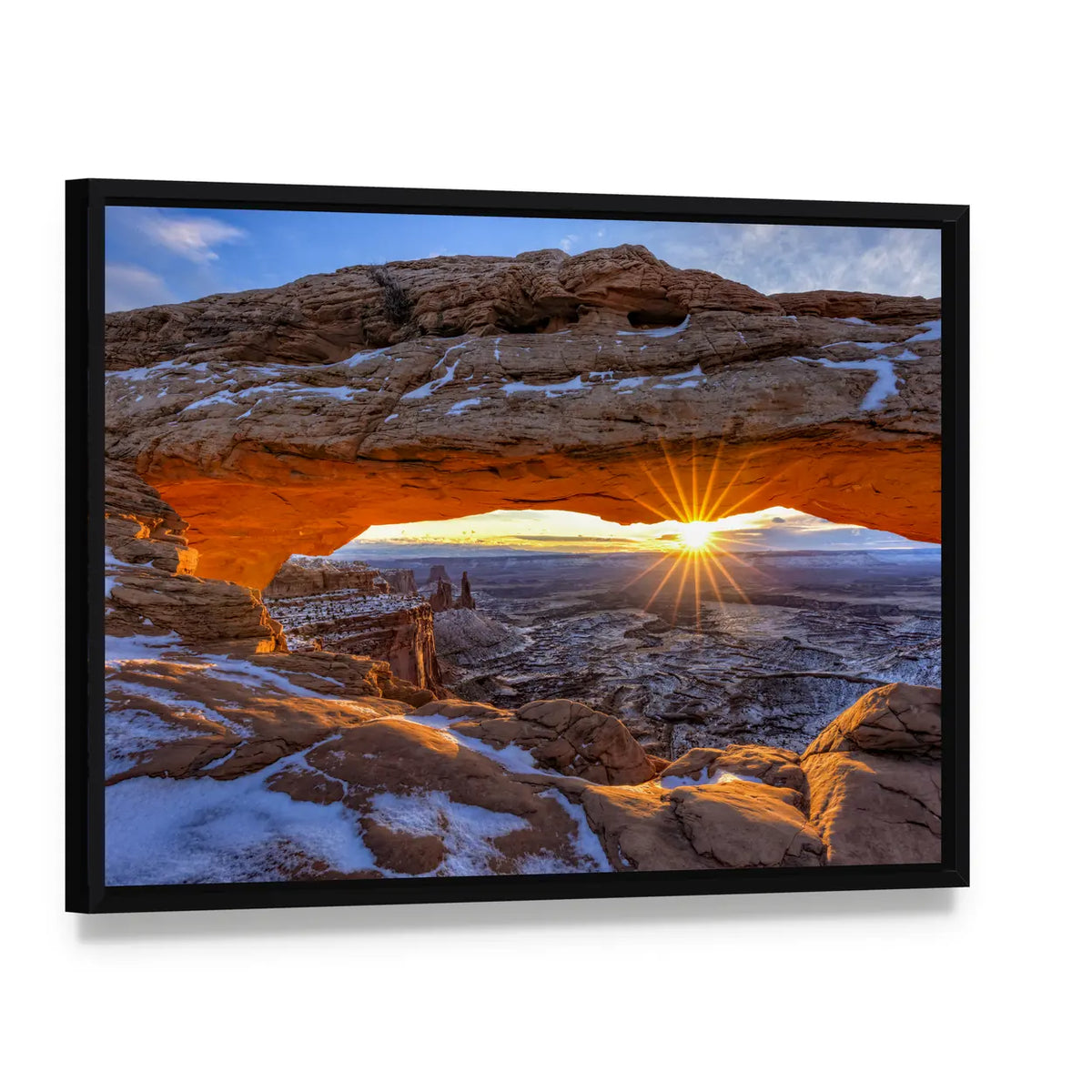 Mesa Arch In Canyonlands National Park Utah Canvas Wall Art, framed canvas in a black floater frame, angled product view