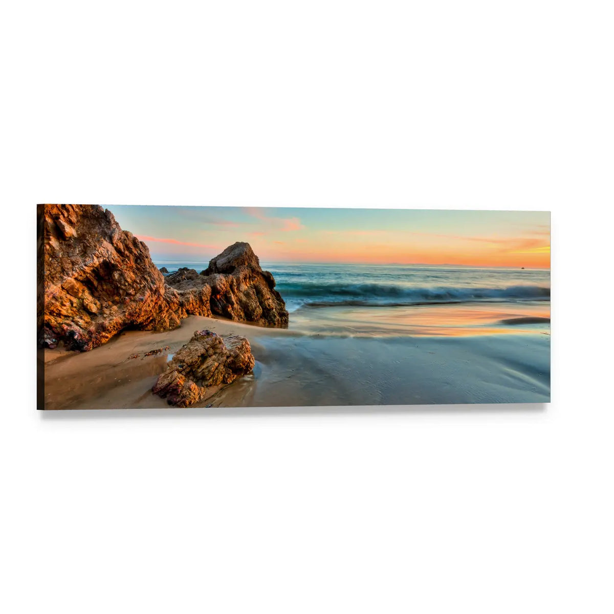 California Sunset Over Coastal Rocks Panoramic Canvas Wall Art, single panel gallery wrapped canvas, angled product view