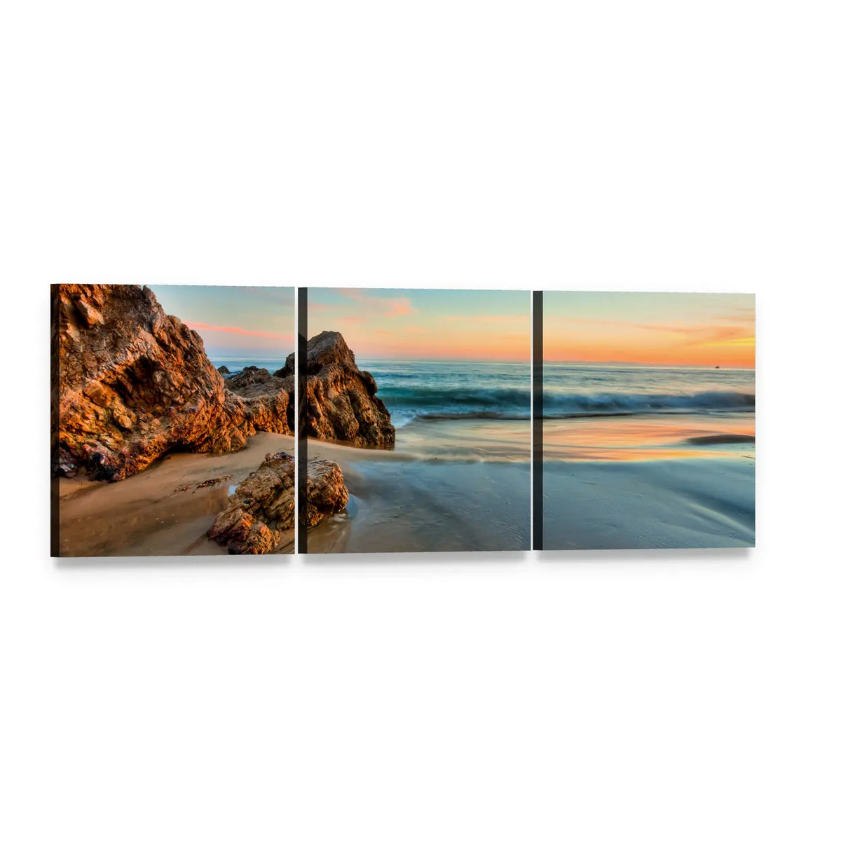 California Sunset Over Coastal Rocks Panoramic Canvas Wall Art, 3 panel 3 Piece layout gallery wrapped canvas set, angled product view