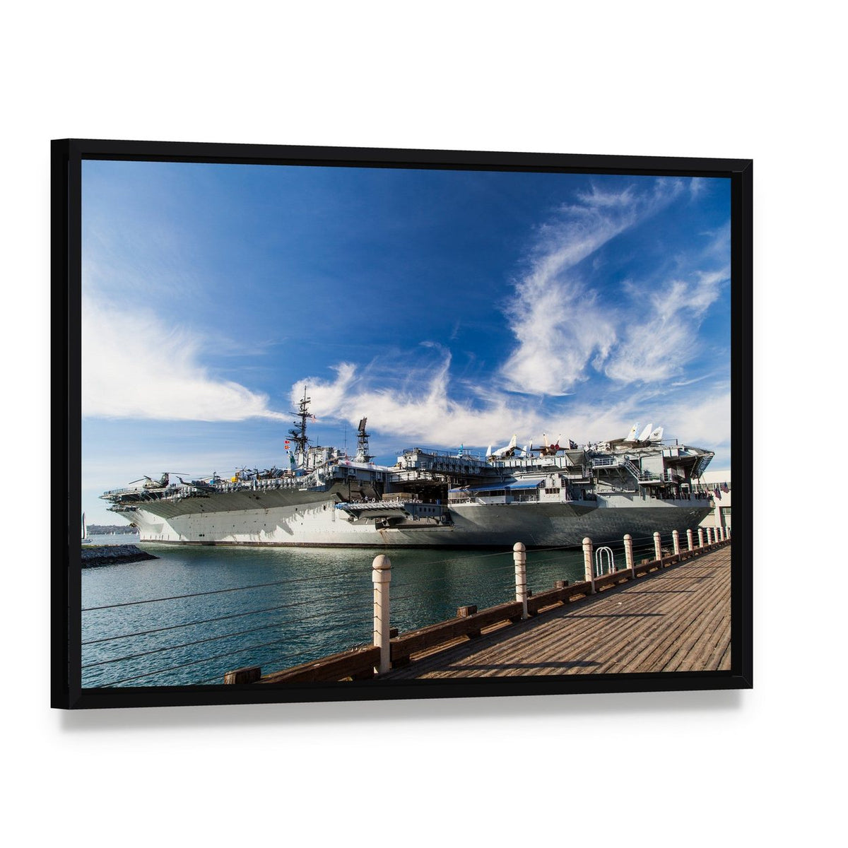 Uss Midway Aircraft Carrier Canvas Wall Art, framed canvas in a black floater frame, angled product view