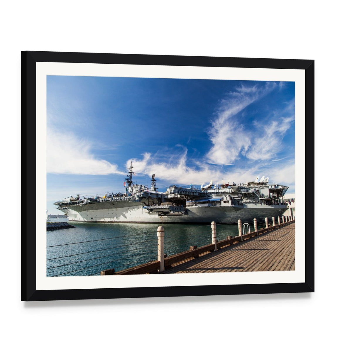 Uss Midway Aircraft Carrier Canvas Wall Art, framed print with white mat and black frame, angled product view