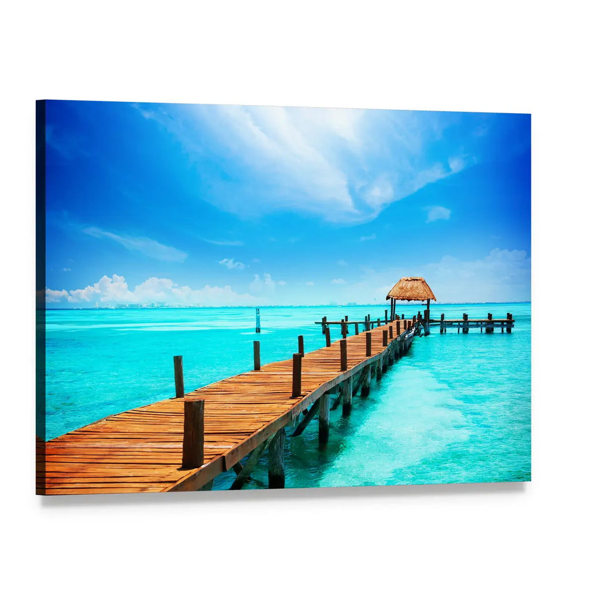 Tropical Jetty with Thatched Hut Canvas Wall Art, single panel gallery wrapped canvas, angled product view