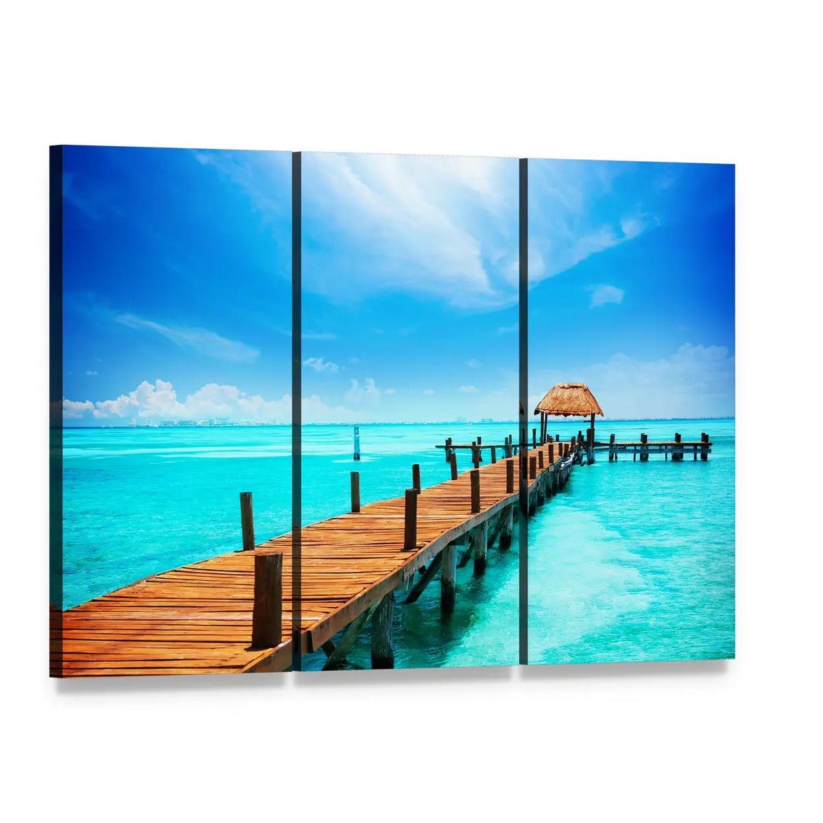 Tropical Jetty with Thatched Hut Canvas Wall Art, 3 panel 3 Horizontal layout gallery wrapped canvas set, angled product view