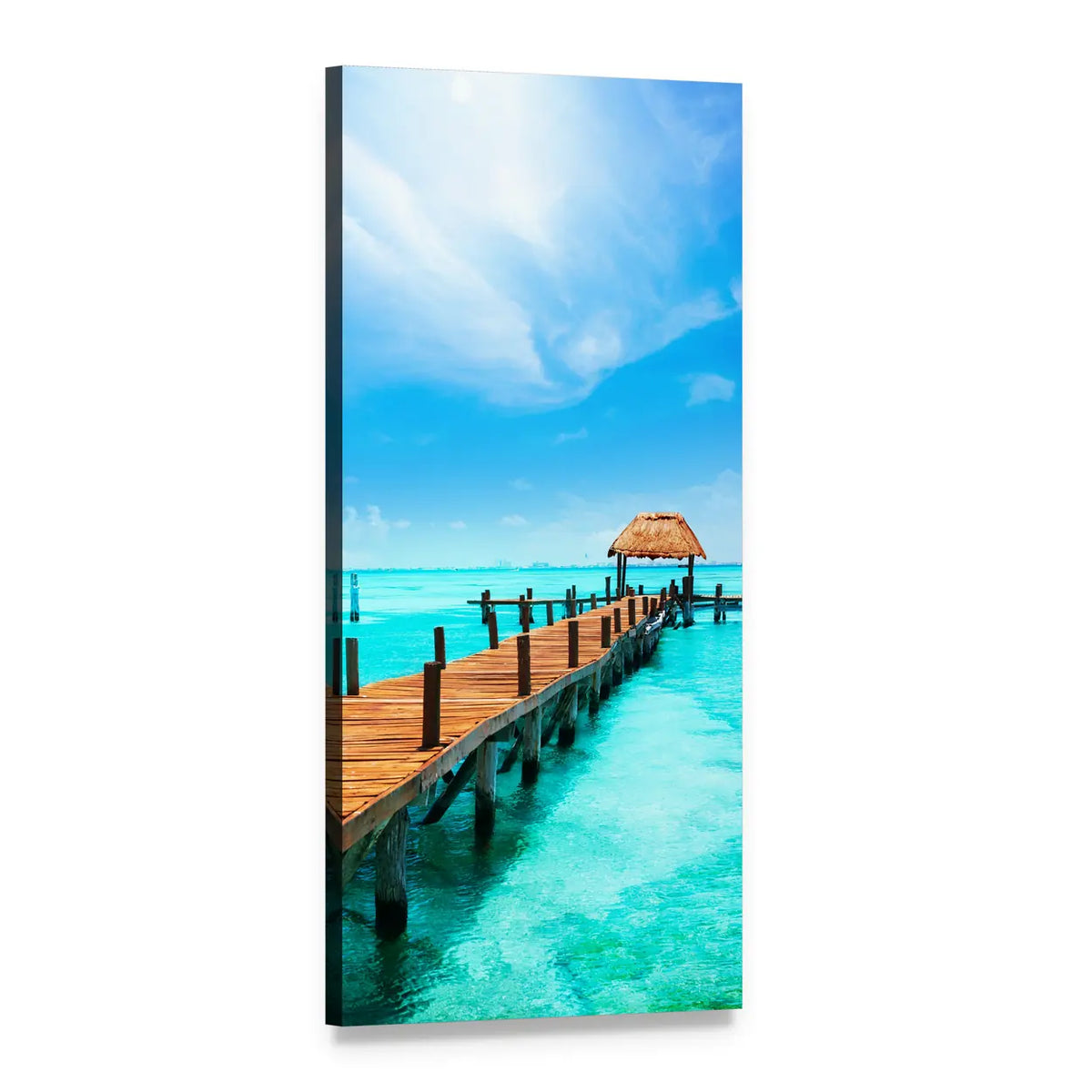 Tropical Jetty Over Turquoise Water Vertical Canvas Wall Art, 1 panel 1 Vertical layout gallery wrapped canvas set, angled product view