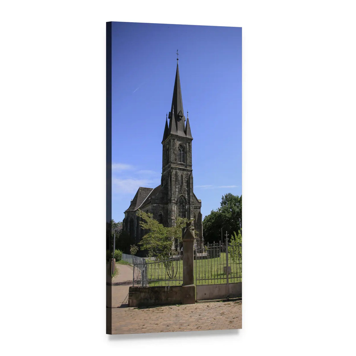 German Gothic Church with Pointed Steeple Vertical Canvas Wall Art, 1 panel 1 Vertical layout gallery wrapped canvas set, angled product view