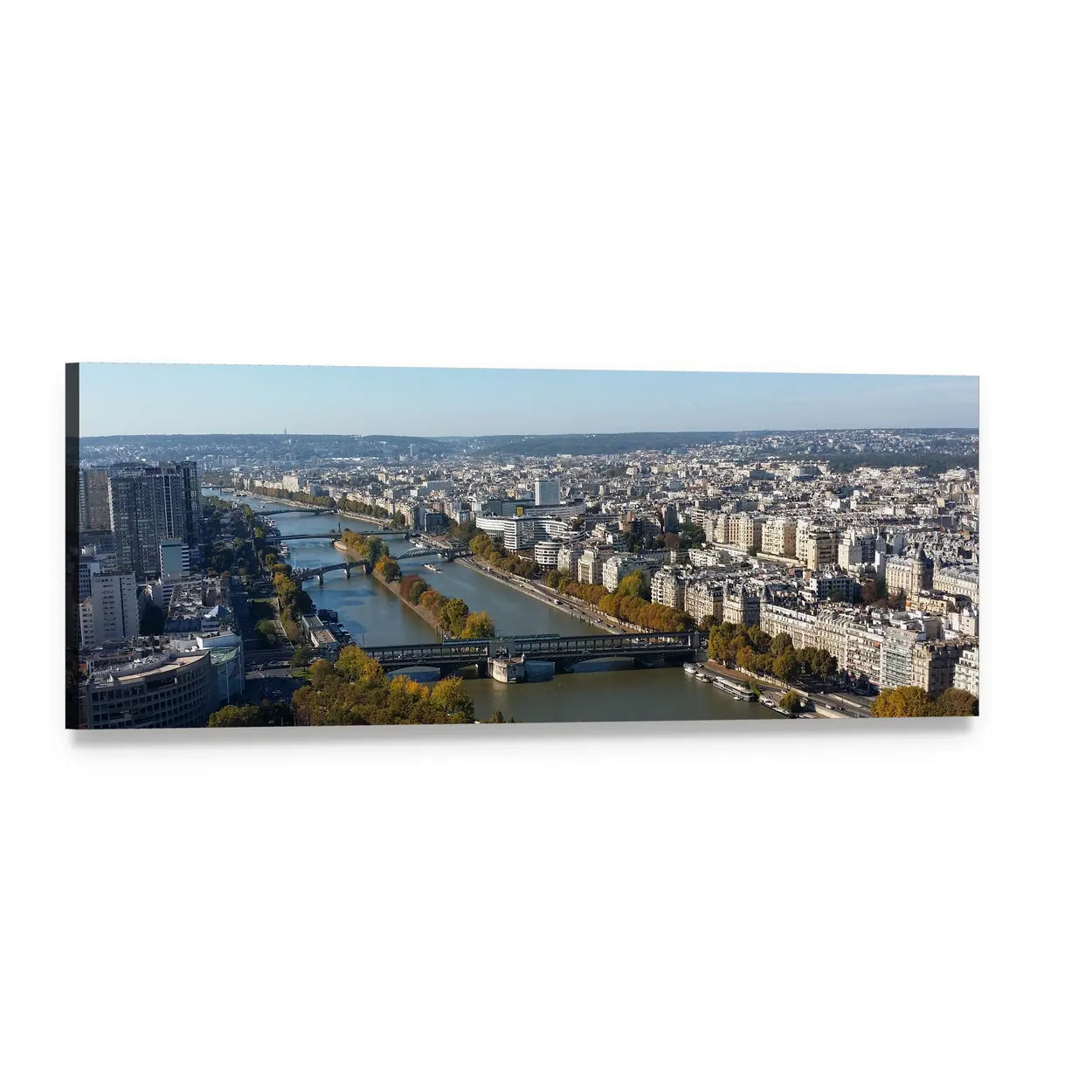 Aerial View of Paris and the Seine Panoramic Canvas Wall Art, single panel gallery wrapped canvas, angled product view