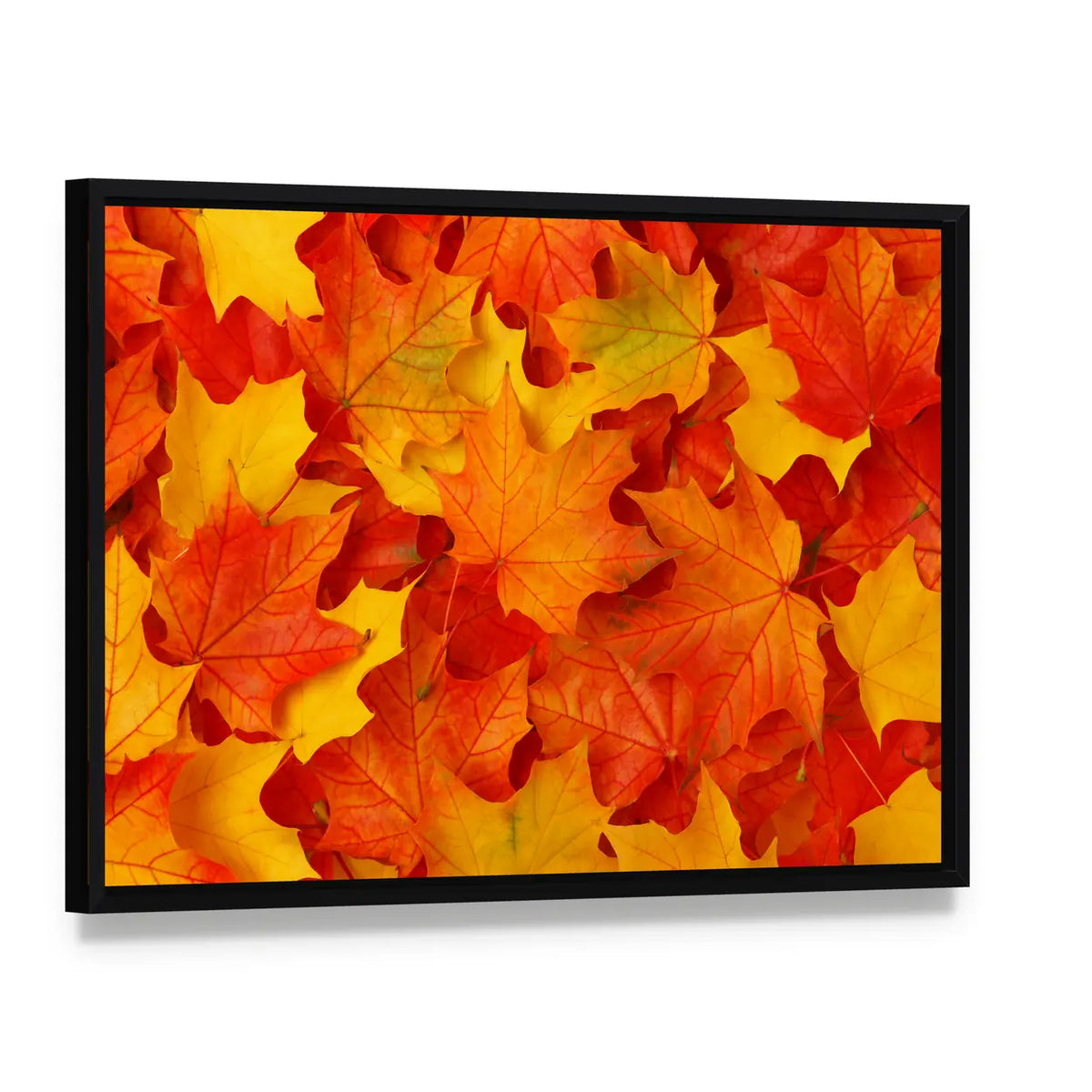 Fall Maple Leaves Canvas Wall Art, framed canvas in a black floater frame, angled product view