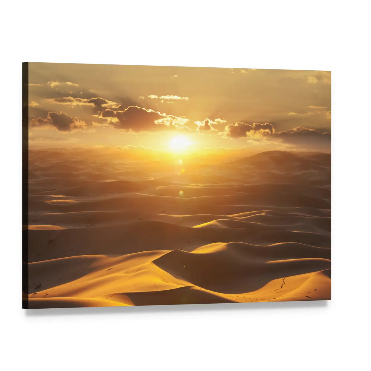 Golden Sunset Over Sahara Desert Canvas Wall Art, single panel gallery wrapped canvas, angled product view