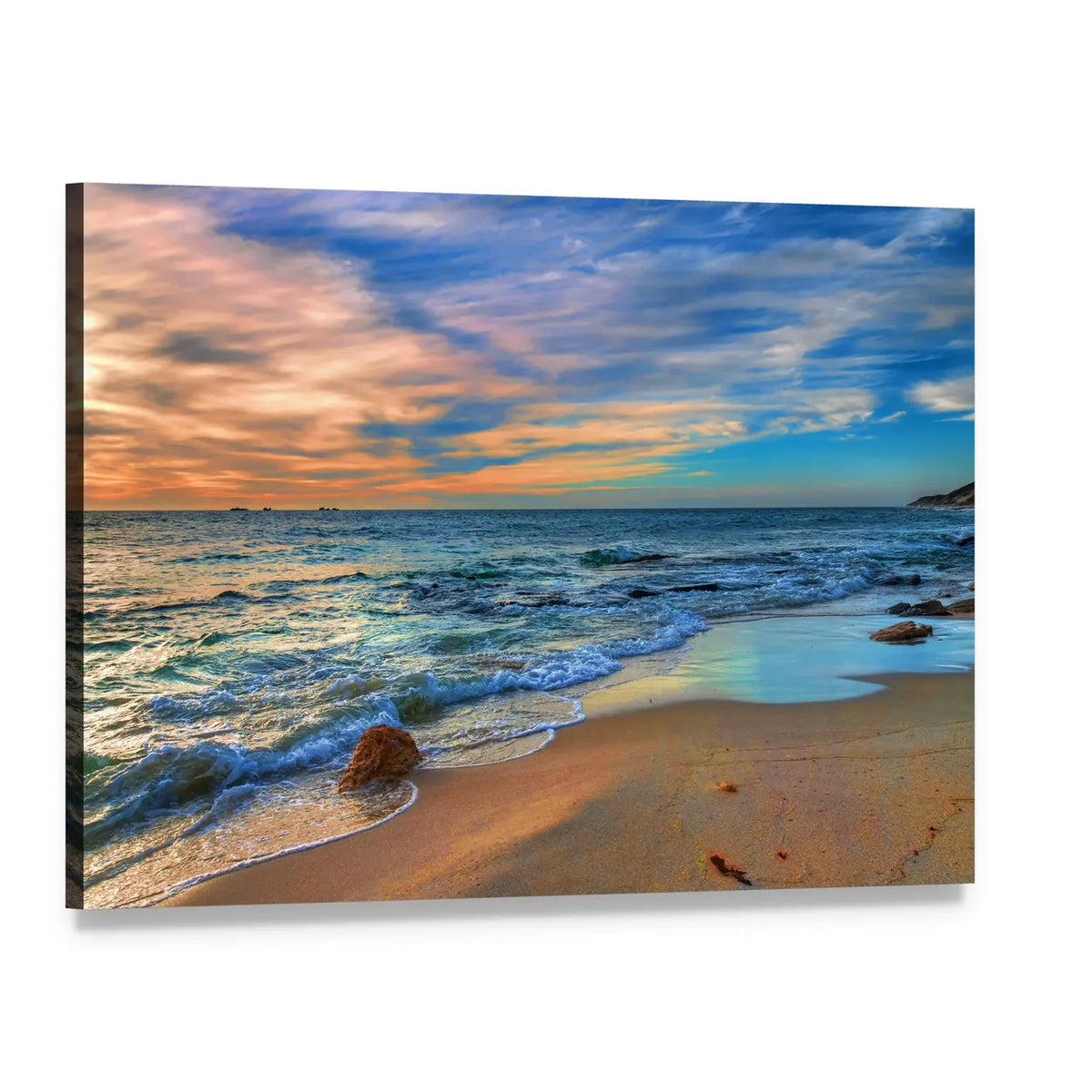 Sunset Beach Shoreline with Solitary Rock Canvas Wall Art, single panel gallery wrapped canvas, angled product view