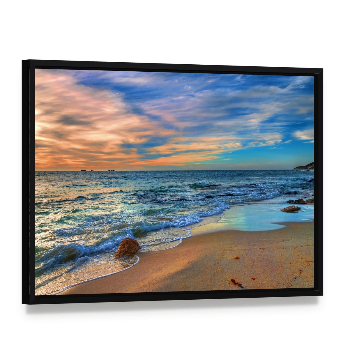 Sunset Beach Perth Western Australia Canvas Wall Art, framed canvas in a black floater frame, angled product view