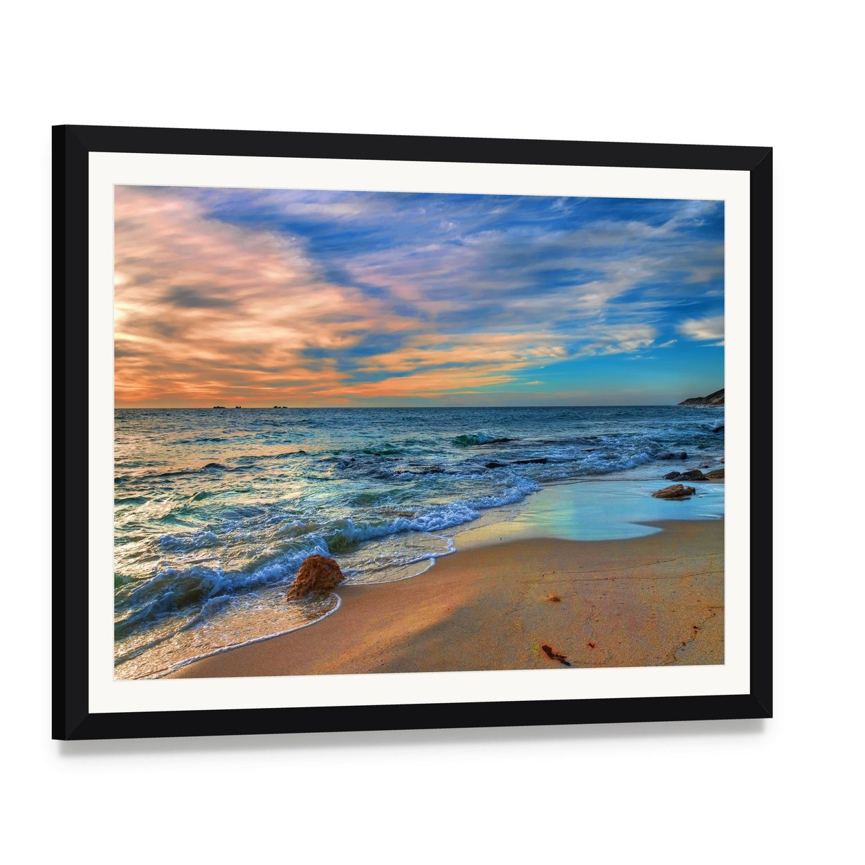 Sunset Beach Perth Western Australia Canvas Wall Art, framed print with white mat and black frame, angled product view