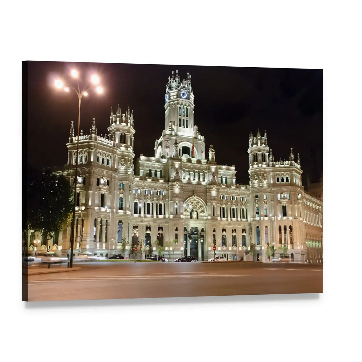 Palacio De Cibeles at Night Canvas Wall Art, single panel gallery wrapped canvas, angled product view