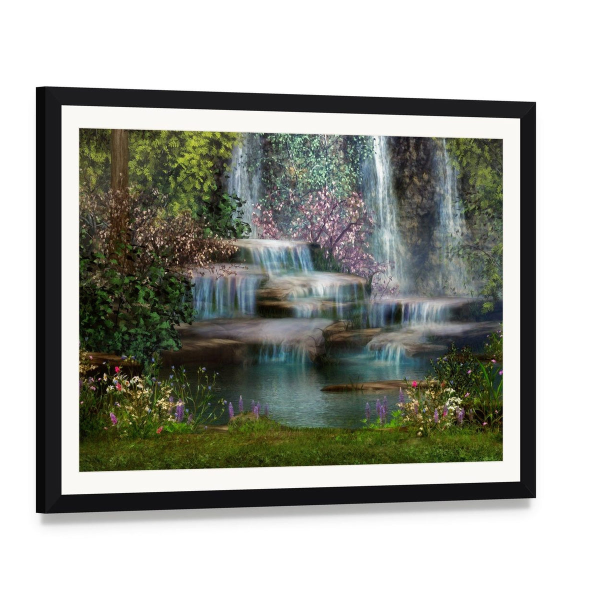 Magical Waterfalls Canvas Wall Art, framed print with white mat and black frame, angled product view