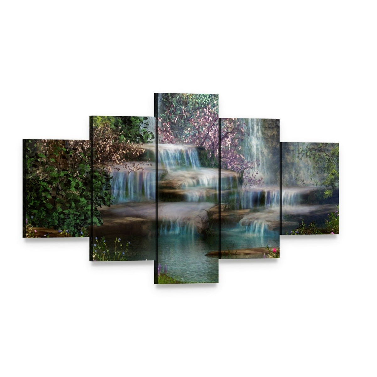 Magical Waterfalls Canvas Wall Art, 5 panel 5 Star layout gallery wrapped canvas set, angled product view