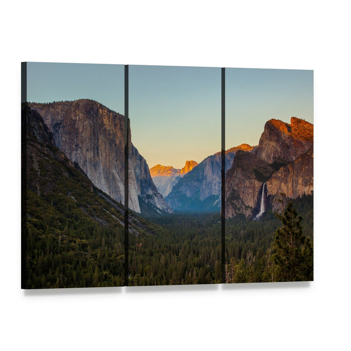 Yosemite Valley at Sunset Canvas Wall Art, 3 panel 3 Horizontal layout gallery wrapped canvas set, angled product view