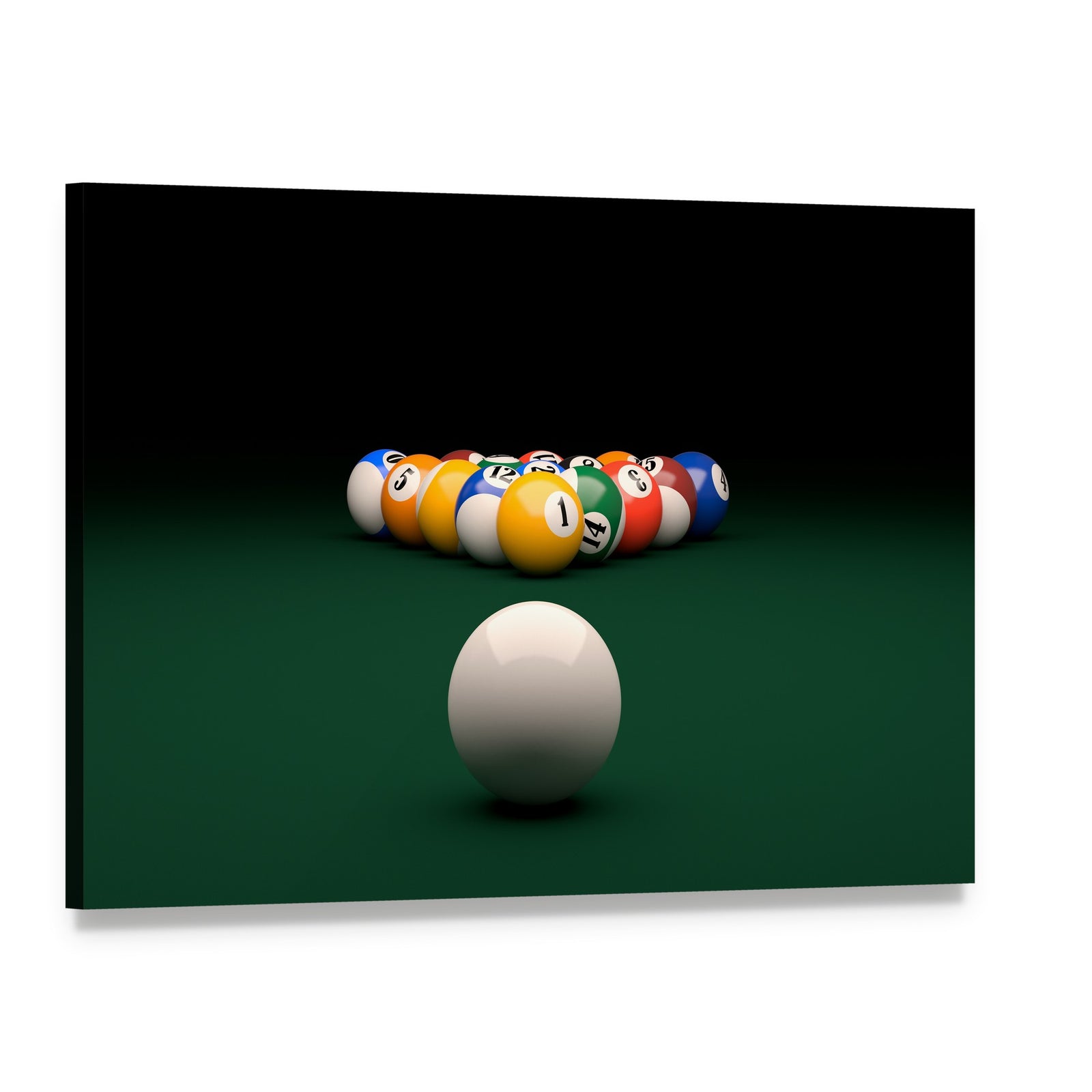 Billiard Balls on Green Table Canvas Wall Art, single panel gallery wrapped canvas, angled product view