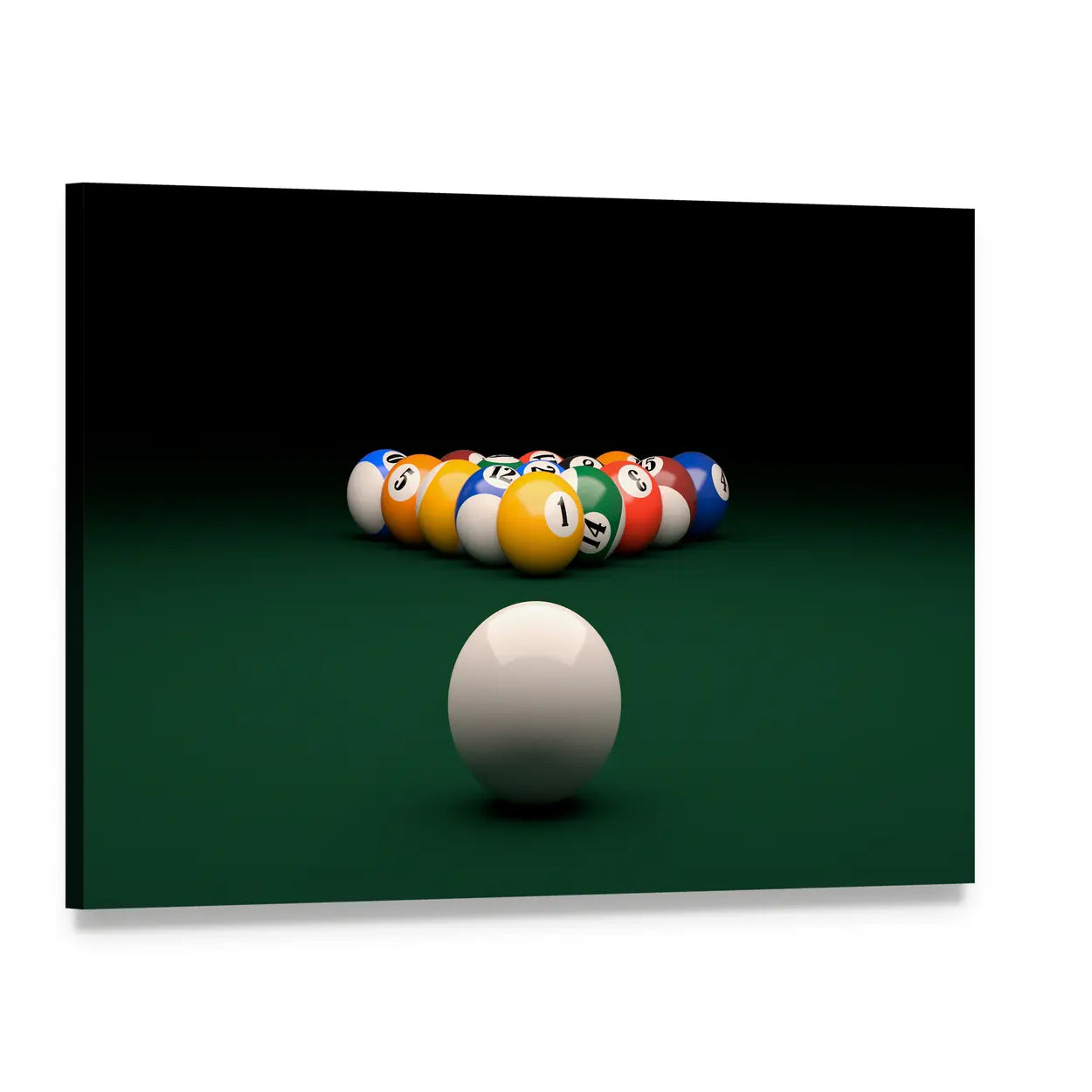 Billiard Balls on Green Felt Canvas Wall Art, single panel gallery wrapped canvas, angled product view