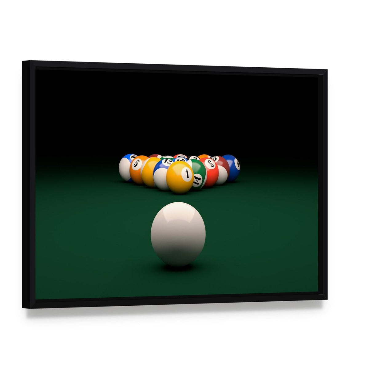Billiard Balls on Green Table Canvas Wall Art, framed canvas in a black floater frame, angled product view
