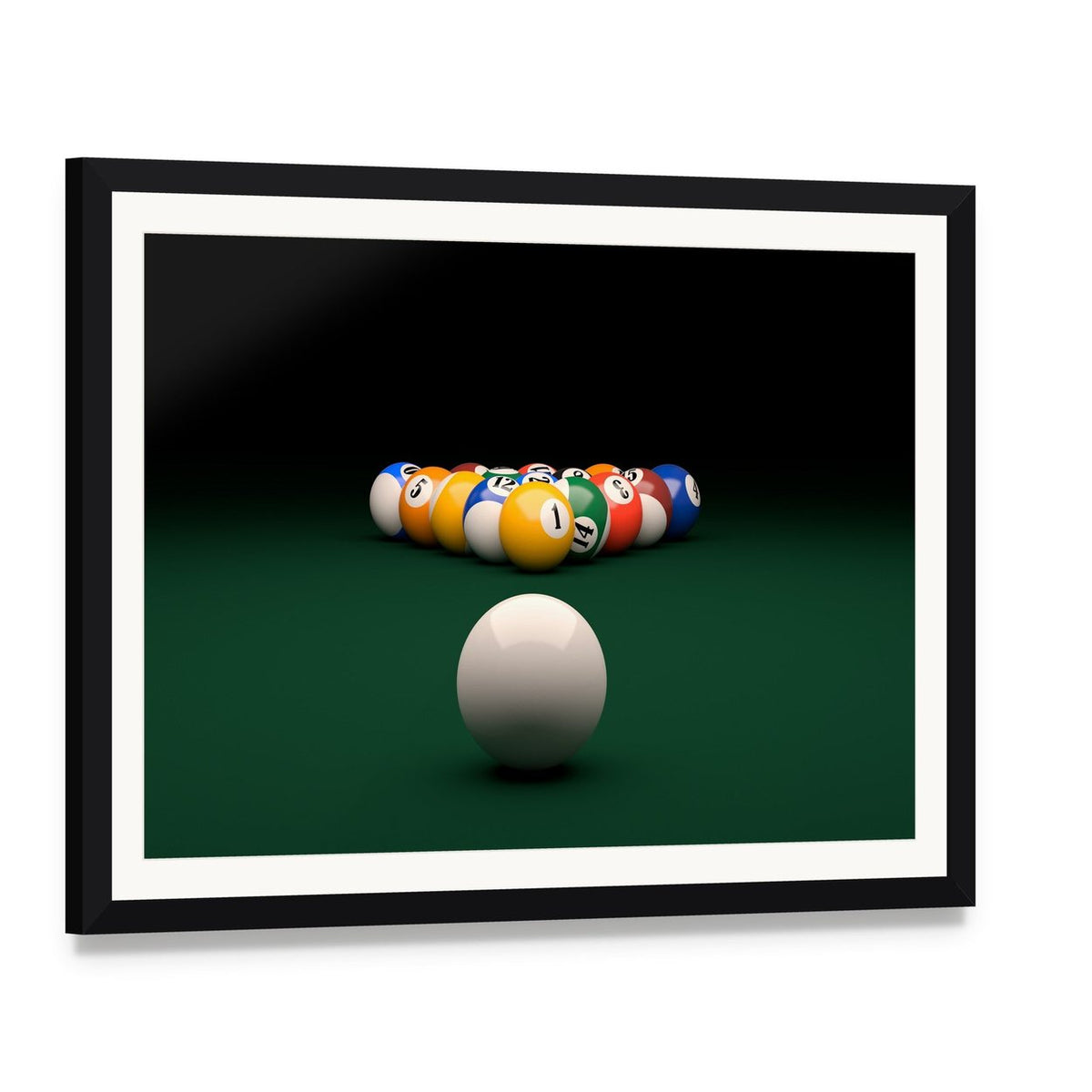 Billiard Balls on Green Table Canvas Wall Art, framed print with white mat and black frame, angled product view