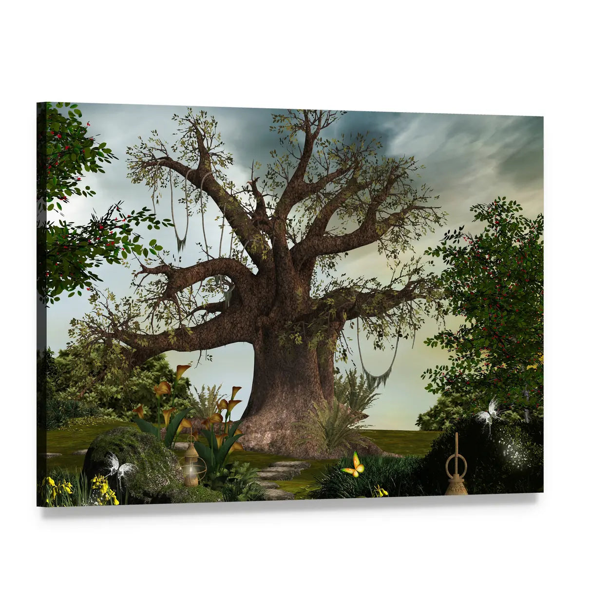 Ancient Gnarled Tree with Stone Path and Glowing Insects Canvas Wall Art, single panel gallery wrapped canvas, angled product view