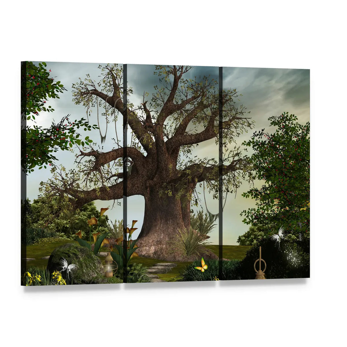 Enchanted Giant Tree with Winding Path Canvas Wall Art, 3 panel 3 Horizontal layout gallery wrapped canvas set, angled product view