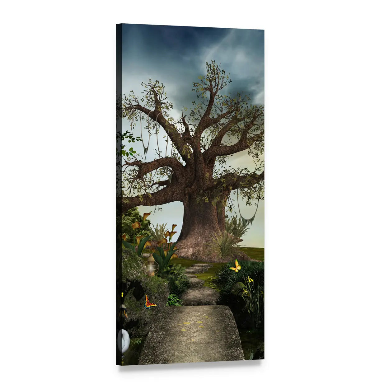 Enchanted Forest Path with Gnarled Tree Vertical Canvas Wall Art, 1 panel 1 Vertical layout gallery wrapped canvas set, angled product view