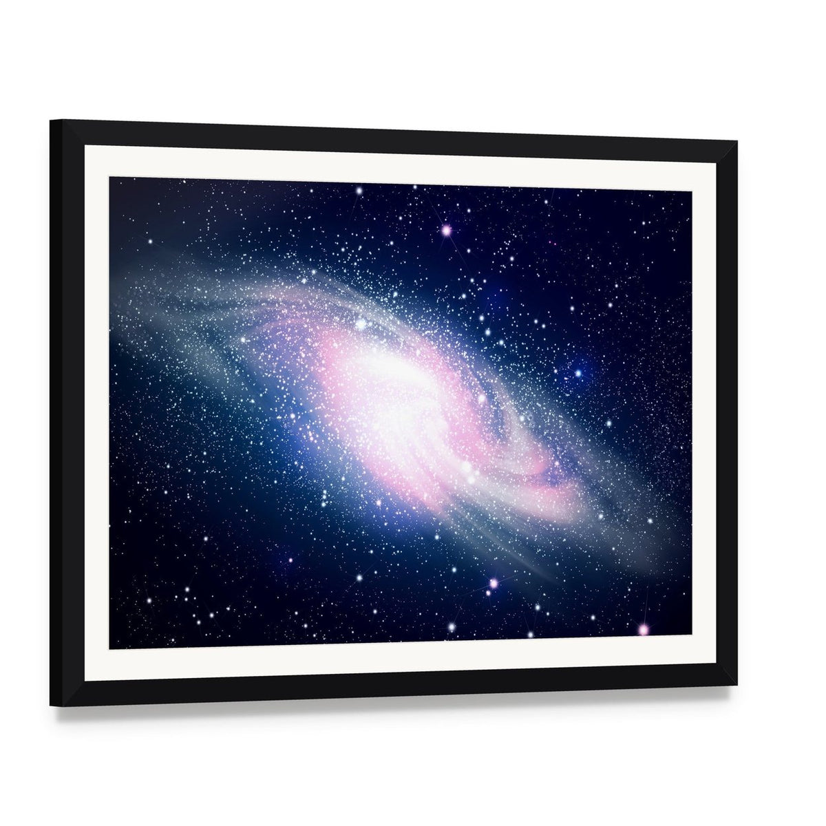Glowing Galaxy and Stars Canvas Wall Art, framed print with white mat and black frame, angled product view