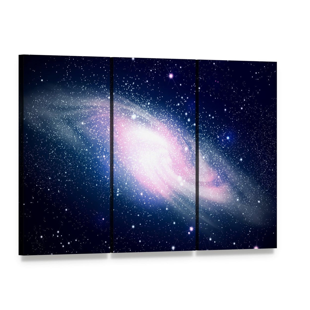 Glowing Galaxy and Stars Canvas Wall Art, 3 panel 3 Horizontal layout gallery wrapped canvas set, angled product view