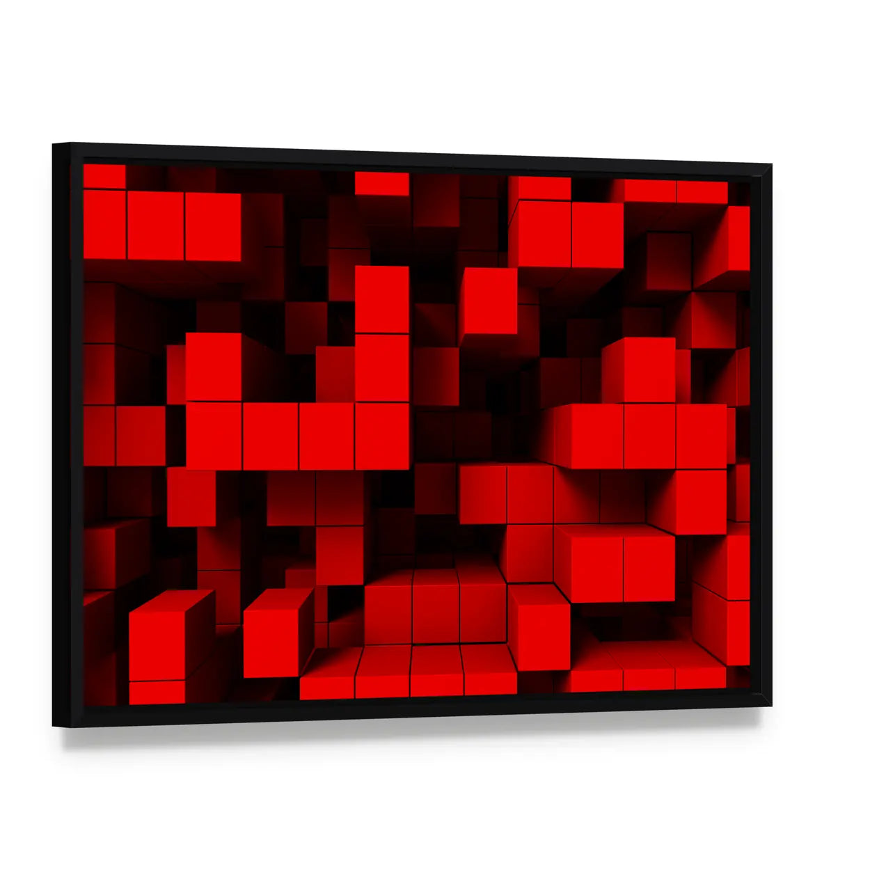 3d Red Cubes Abstract Canvas Wall Art, framed canvas in a black floater frame, angled product view